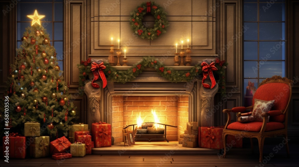 Obraz premium Festive living room with fireplace and holiday decor