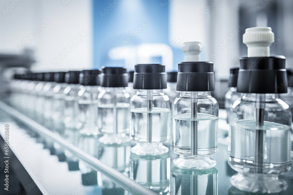 A view of a pharmaceutical production line at work, featuring medical vials and glass bottles, with pharmaceutical machines in operation. A view of a pharmaceutical production line at work, featuring medical vials and glass bottles, with pharmaceutical machines in operation.
