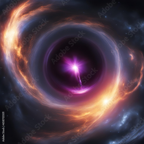 black hole and a disk of glowing plasma. Supermassive singularity in outer space, end of the evolution of supermassive stars, or core of a galaxy