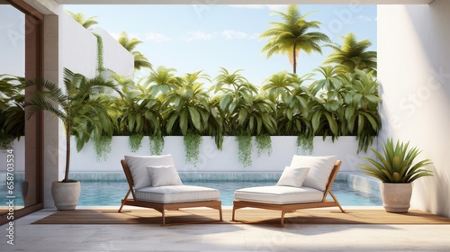 A 3D model of a contemporary home terrace with a pool blank white wall and lush plants