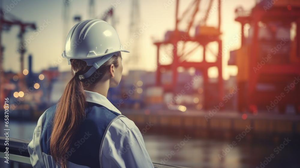 A female civil engineer, wearing a helmet, reviews drawings at a harbor's container terminal, seen from behind with a blurred background. A female civil engineer, wearing a helmet, reviews drawings at a harbor's container terminal, seen from behind with a blurred background.