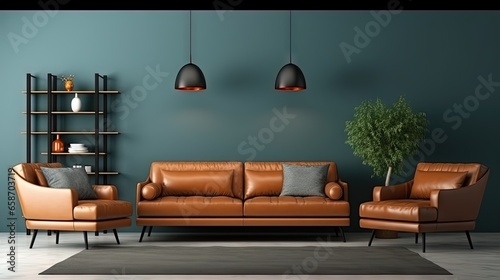 Dark leather sofa and minim...