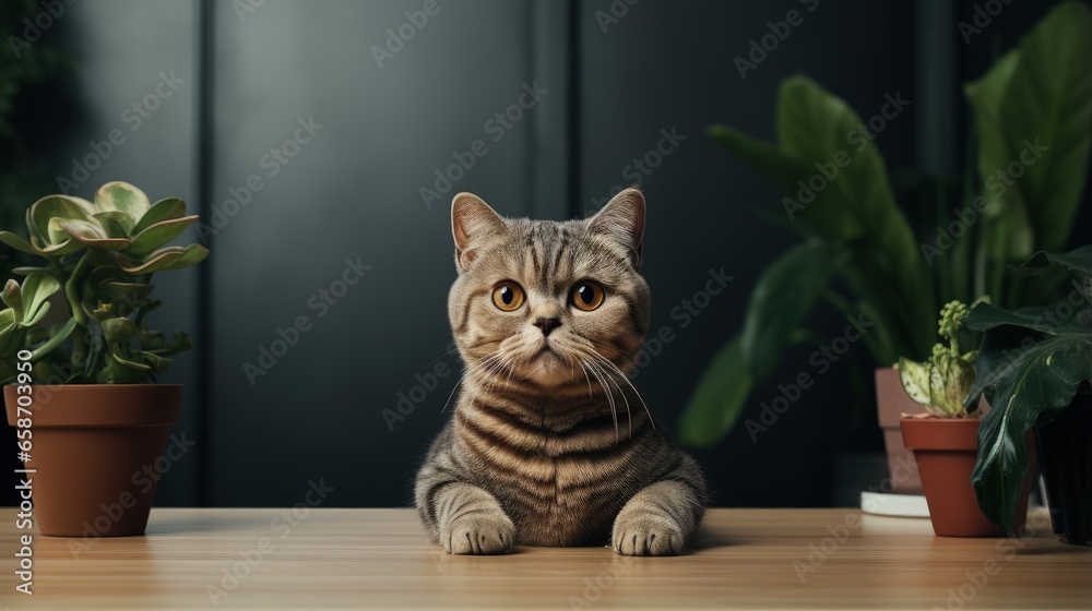 Confused Exotic Shorthair Cat sitting by a plant giving grumpy expressions staring beyond the camera - obrazy, fototapety, plakaty 