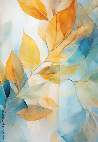 Yellow and blue leaves painting on white background