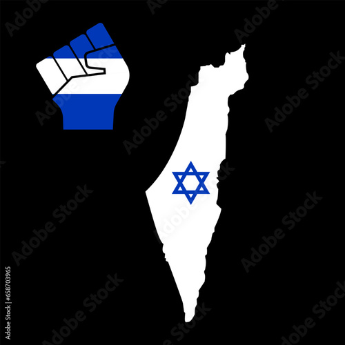 Strong Israel. Raised fist on blue and white Israeli national colour in map with David star. Freedom and support Israeli nation. Patriotic spirit - rising human hand. War between Gaza Strip and Israel