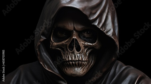 Close up shot of skull in hood on black background