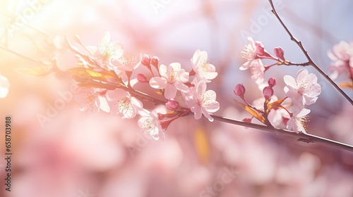 Abstract background with blooming tree sunny day and spring flowers © vxnaghiyev
