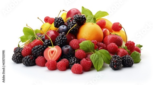 Assortment of fruits and berries on white background photo