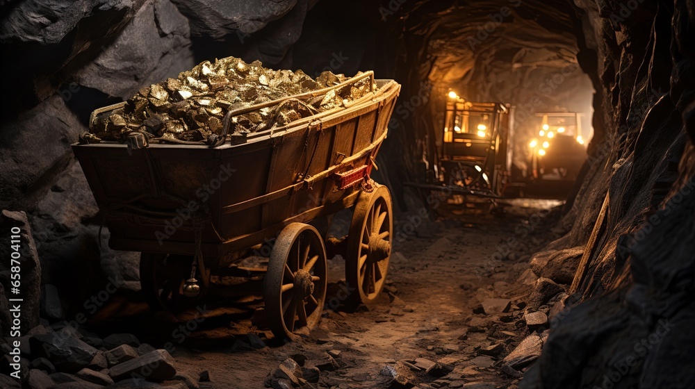 Mining cart in precious metal mine - obrazy, fototapety, plakaty 