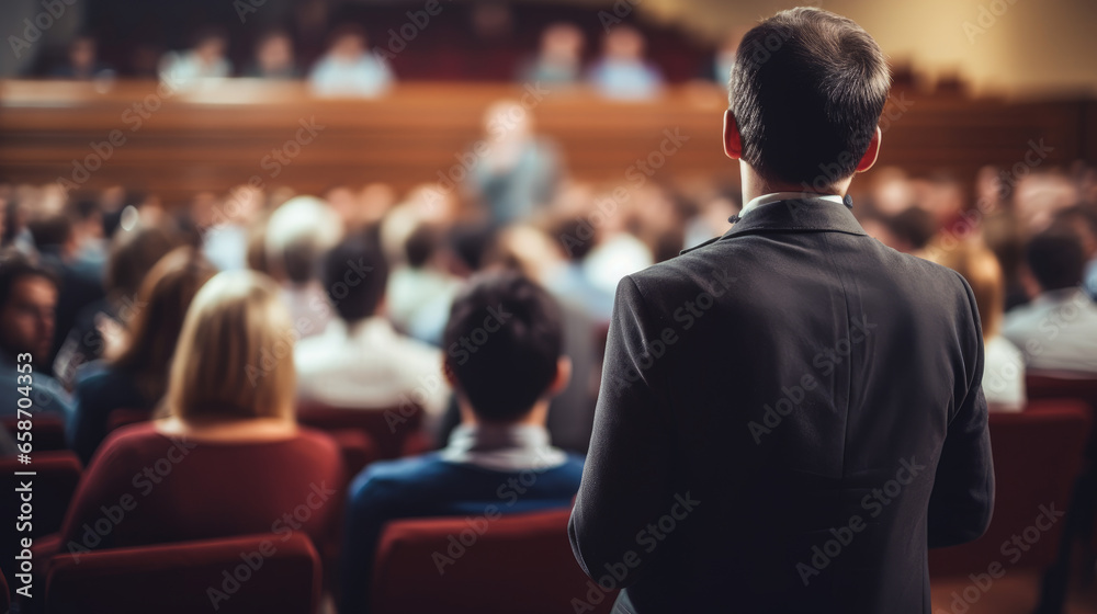 A speaker giving a lecture to an audience in an auditorium, seen from behind, emphasizing the seminar's engaging atmosphere. A speaker giving a lecture to an audience in an auditorium, seen from behind, emphasizing the seminar's engaging atmosphere.