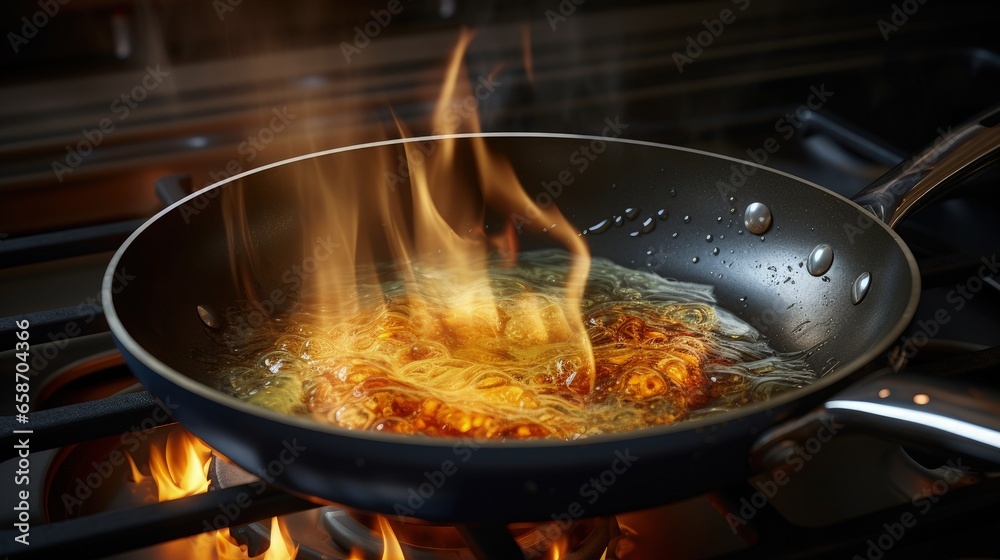 Hot used cooking oil in frying pan on stove Hot used cooking oil in frying pan on stove
