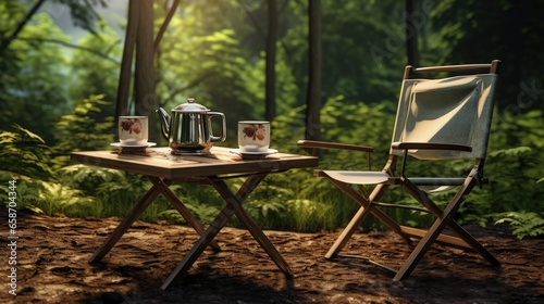 Camping with two chairs picnic table and coffee