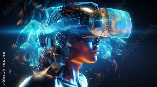 3D rendering illustration of virtual reality glasses transferring data on a futuristic gaming background © vxnaghiyev