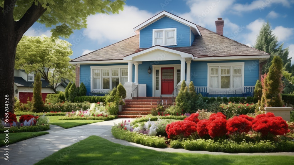 Attractive appearance with blue paint and red roof Pleasant front yard layout