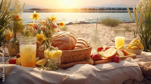 Idyllic sunset beach picnic with lemonade bread and fruits