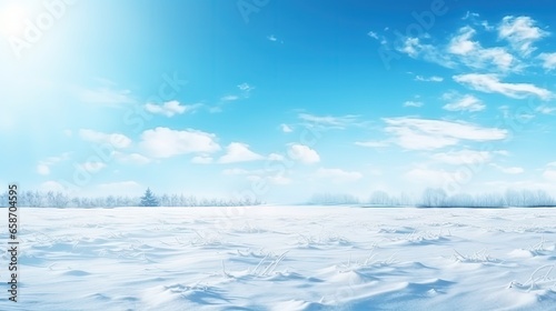 Bright snowy winter landscape with empty field space for display against a light blue icy sky © vxnaghiyev