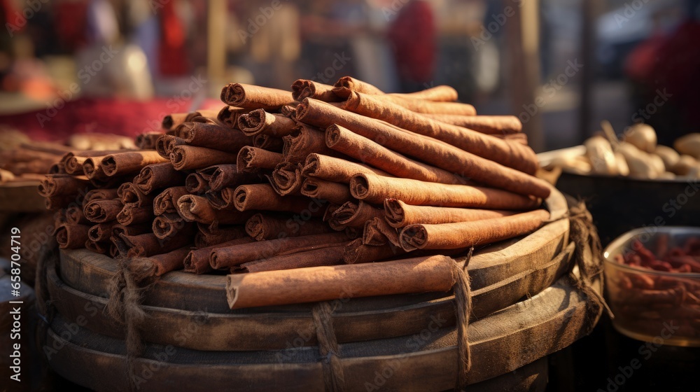 Cinnamon sticks at a market stall in Gaziantep Turkey