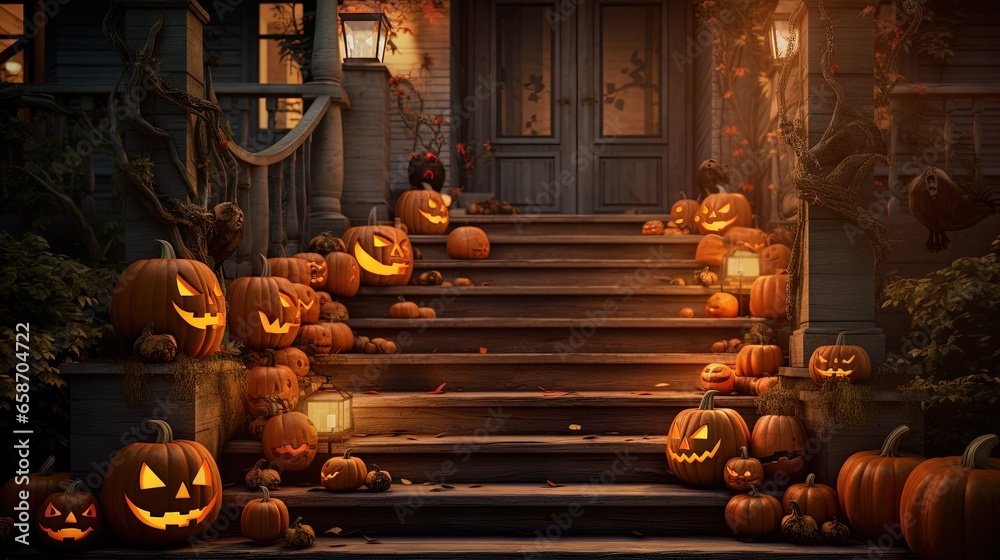 Autumn themed stairs with spooky pumpkin decorations at a house entrance during Halloween - obrazy, fototapety, plakaty 