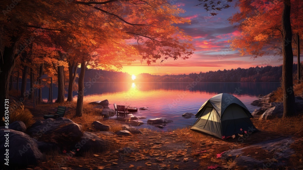 Gorgeous autumn lake camping with stunning sunset and foliage