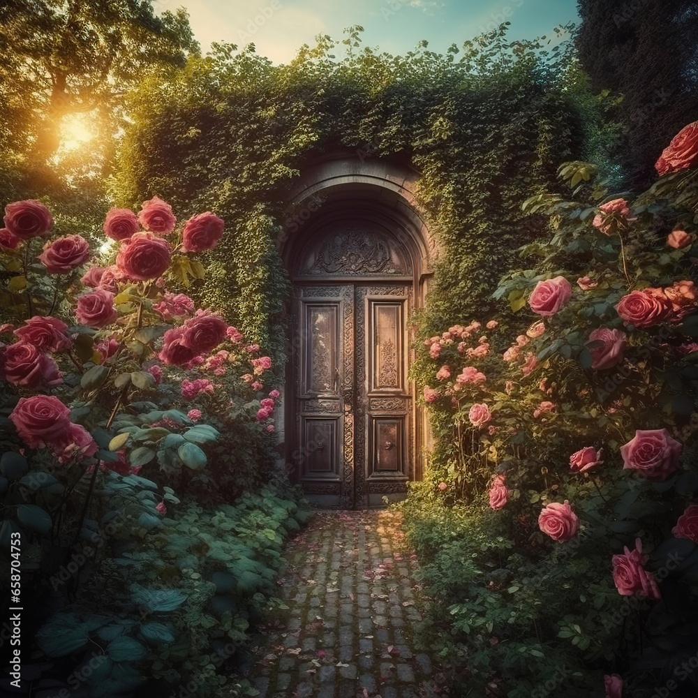 Romantic Rose Bush Adorning a Blue Door,old door,door with flowers Romantic Rose Bush Adorning a Blue Door,old door,door with flowers