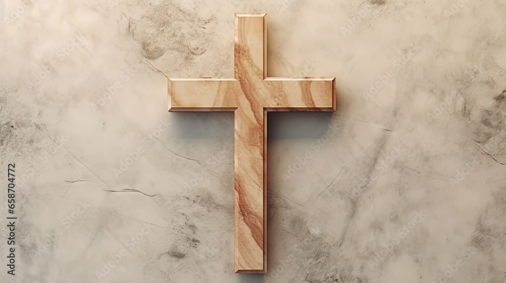 Christian symbol Wooden cross on marble background representing Jesus sacrifice resurrection Easter passover Palm Sunday and Good Friday in Christianity