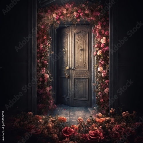 Romantic Rose Bush Adorning a Blue Door,old door,door with flowers