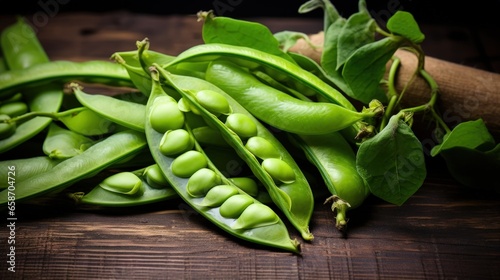 Close up of fava beans on a wooden background from garden to table in spring