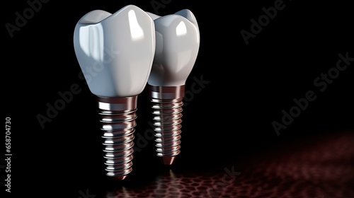 Implant metal screw fix missing teeth crown treatment with 3D rendering