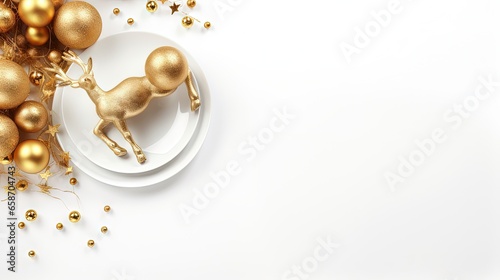 Elegant Christmas table setup with golden balls champagne bottle and deer napkin ring on white background Overhead view Space for text Festive Xmas meal
