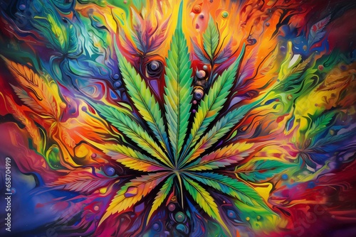Colorful and mind-bending cannabis leaf art. Visual effects induced by marijuana. Bizarre and vibrant background representing altered states of consciousness. Generative AI