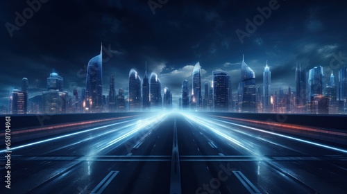 Illuminated city at night with a modern road ahead