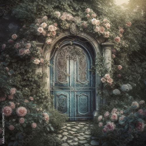 Romantic Rose Bush Adorning a Blue Door old door door with flowers