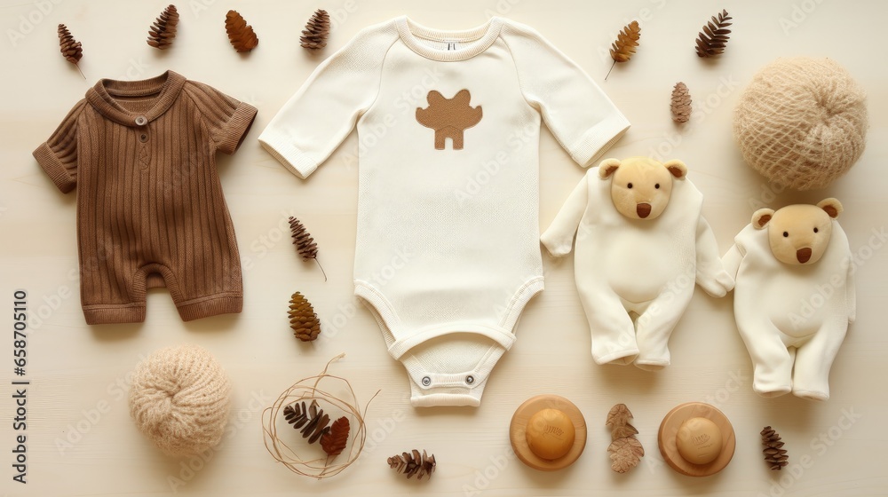 Obraz premium Baby and newborn clothing white bodysuits and neutral beige brown accessories Eco friendly wooden toys on light background top down flat lay