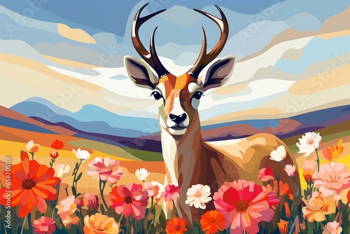 Colorful antelope in flower field. Perfect for print, card, spring themes. Generative AI
