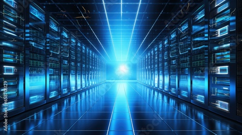 Blue lit server room in a d...