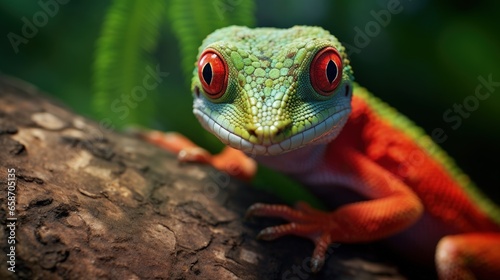 Closeup of a beautiful Madagascar giant day gecko on a dry bud photo