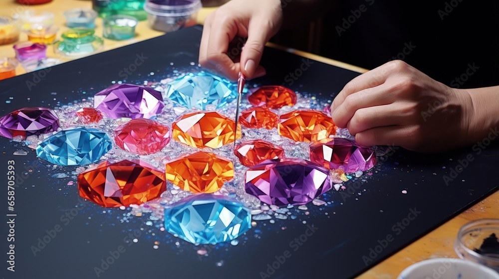 Fototapeta premium Creating and gathering acrylic multicolored square rhinestones for 3D paintings manually