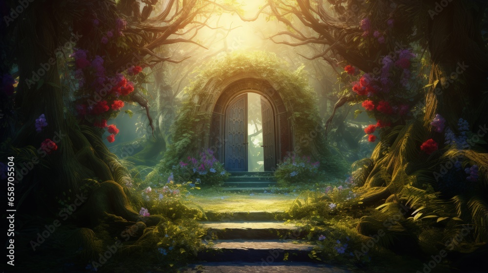 Enchanted landscape with magic road and sunlit entrance to a mysterious gate