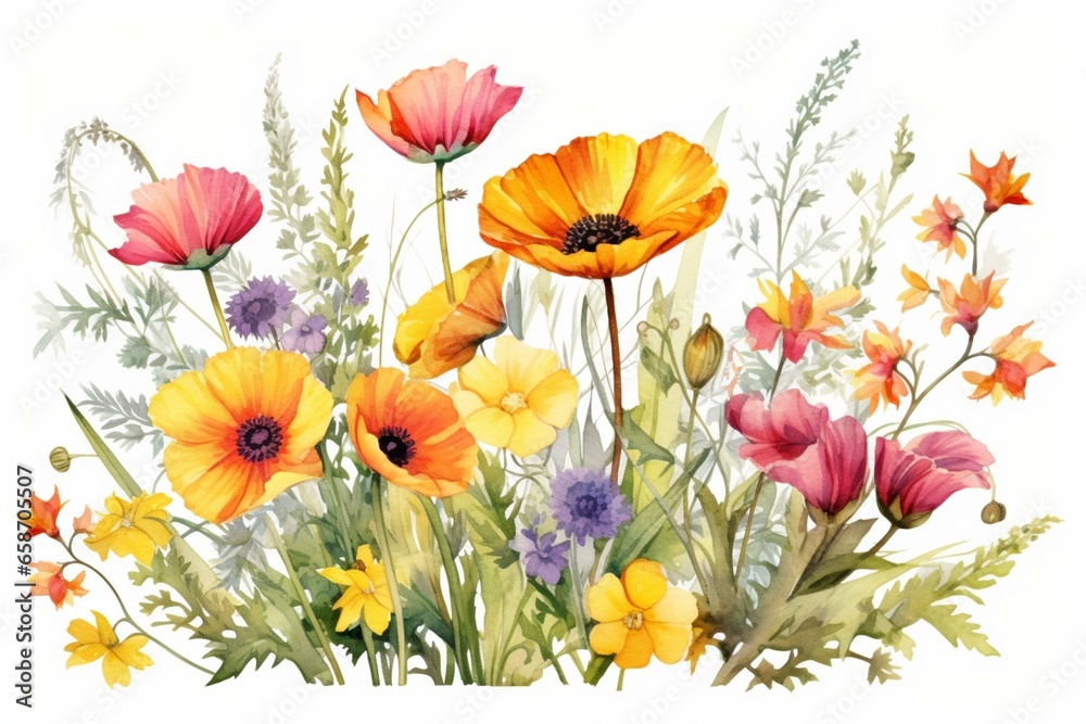 Watercolor illustration of flowers blooming in a spring field. (Transparent background). Generative AI