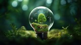 Green LED light bulb in a house frame on green grass Energy saving smart house sustainable consumption Earth Day forest trees