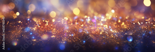 abstract glitter lights background. Christmas, New Years, Party glitter celebration. colorful, blue, gold and black. banner size. Generative AI.