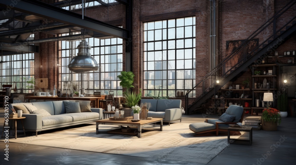 3D render of industrial style loft apartment