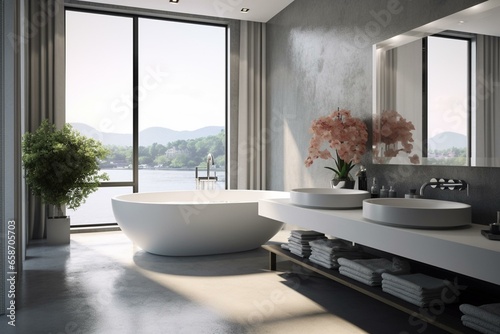 Elegant bathroom featuring a large modern bathtub and a window  with a contemporary concrete design. Generative AI