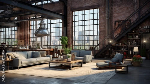 3D render of industrial style loft apartment