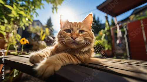 Portrait of a happy cat on a blurred background, beautiful lighting. © ArturSniezhyn