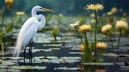 Photo Great Egret in marsh water among white blooming water lilies at Lacassine Wildli