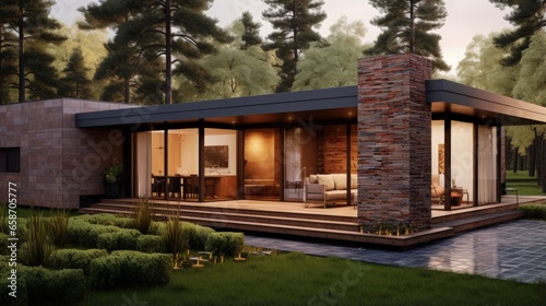 Contemporary single story house Brick and wood exterior 3D rendering © vxnaghiyev