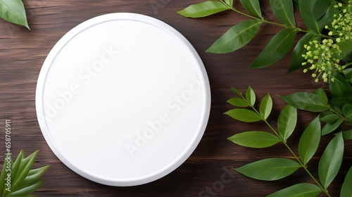 Minimalist natural organic cosmetic product presentation advertisement with fresh leaves on a white round podium mockup and trendy stylish flatlay backdrop