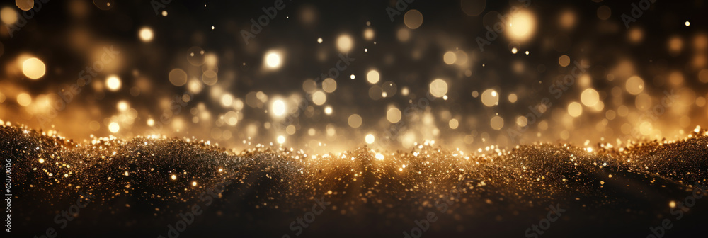 Obraz premium abstract glitter lights background. Christmas, New Years, Party glitter celebration. colorful, blue, gold and black. banner size. Generative AI.