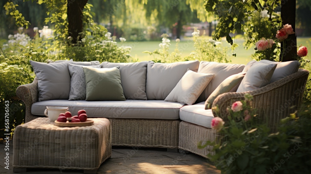 Gray cushions on stylish wicker sectional couch in lush garden - obrazy, fototapety, plakaty 